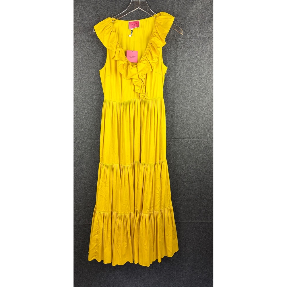 Kate Spade Chartreuse Poplin Ruffle Tiered Maxi Dress Womens 6 NJMUA393 NWT
